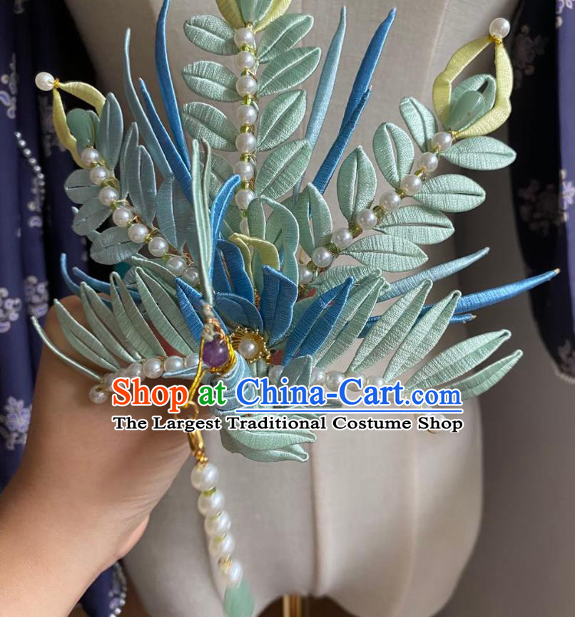 Chinese Ming Dynasty Pearls Hairpin Handmade Classical Ancient Empress Hanfu Hair Accessories Court Women Blue Silk Phoenix Hair Crown