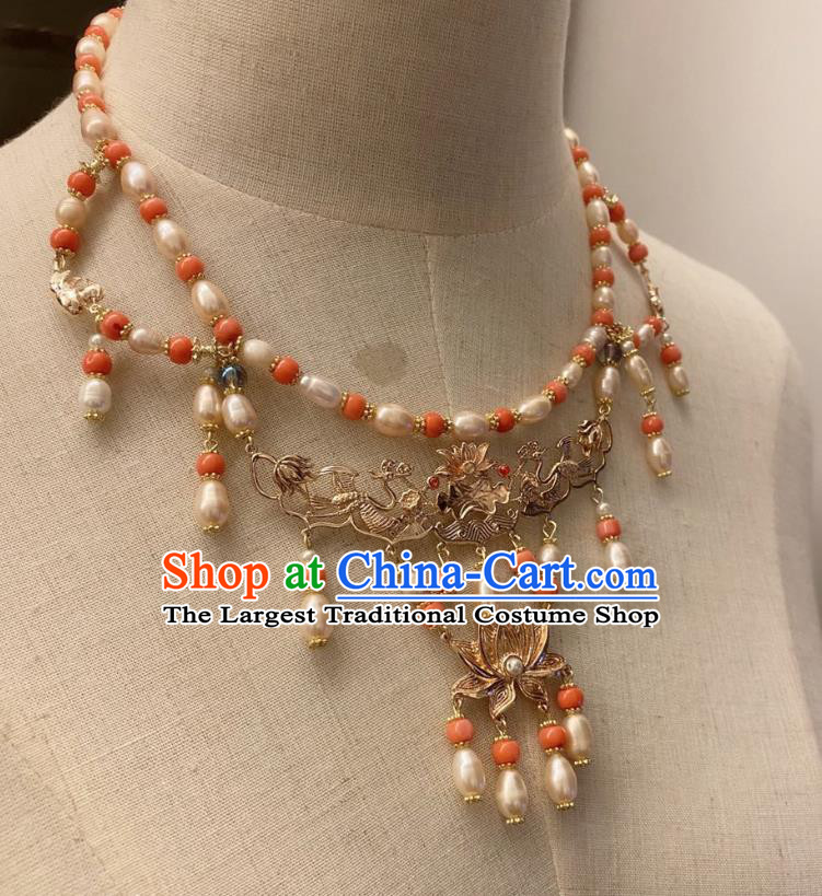 Chinese Handmade Pearls Tassel Necklet Classical Jewelry Accessories Ancient Hanfu Golden Lotus Necklace for Women