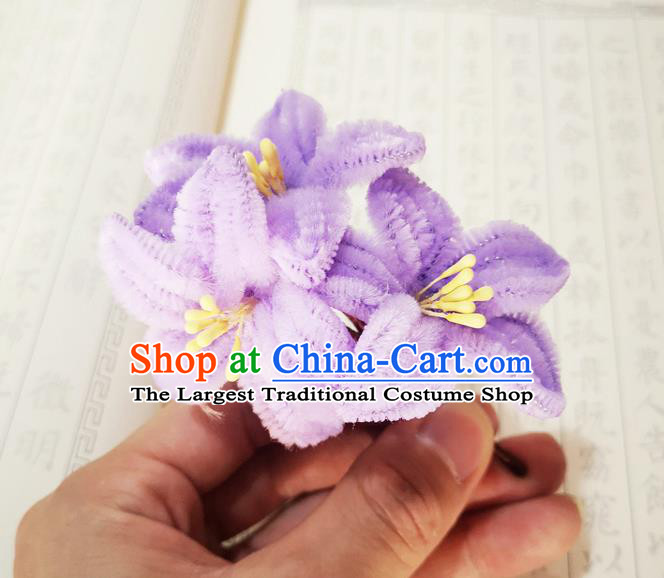 Chinese Ancient Princess Purple Velvet Hairpins Hair Accessories Handmade Qing Dynasty Palace Lady Lily Flowers Hair Stick