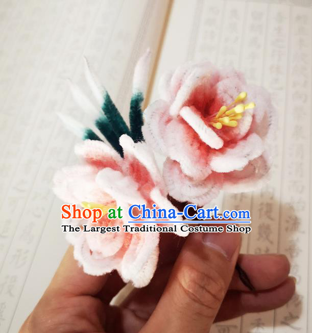 Chinese Ancient Princess Velvet Flowers Hairpins Hair Accessories Handmade Qing Dynasty Court Pink Peach Blossom Hair Stick