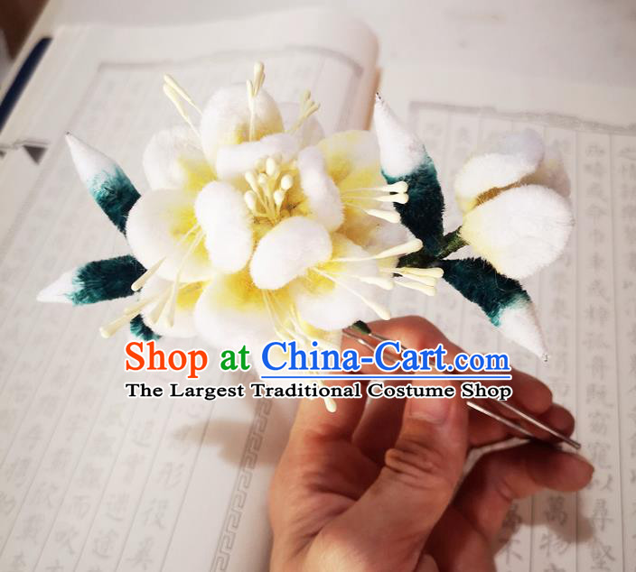 Chinese Ancient Princess Beige Velvet Flowers Hairpins Hair Accessories Handmade Qing Dynasty Court Peony Hair Stick