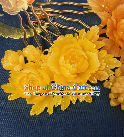 Chinese Ancient Princess Yellow Peony Hairpins Hair Accessories Handmade Kimono Courtesan Hair Comb