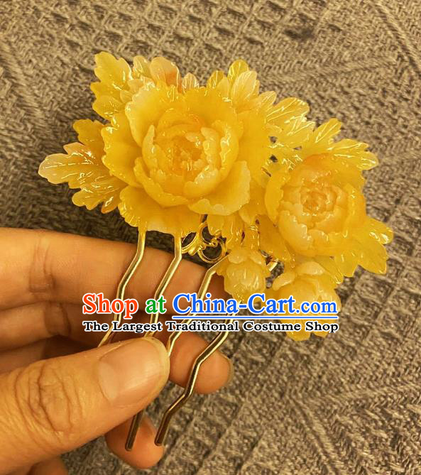 Chinese Ancient Princess Yellow Peony Hairpins Hair Accessories Handmade Kimono Courtesan Hair Comb