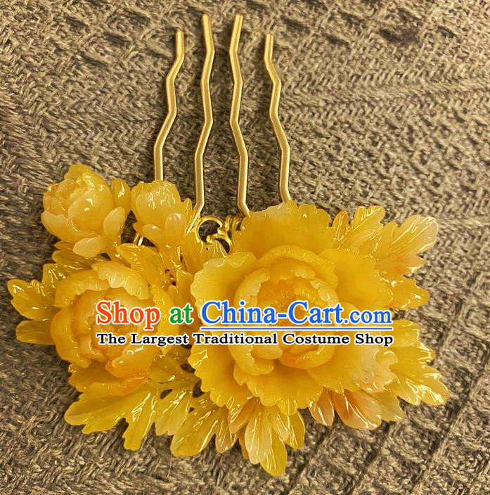 Chinese Ancient Princess Yellow Peony Hairpins Hair Accessories Handmade Kimono Courtesan Hair Comb