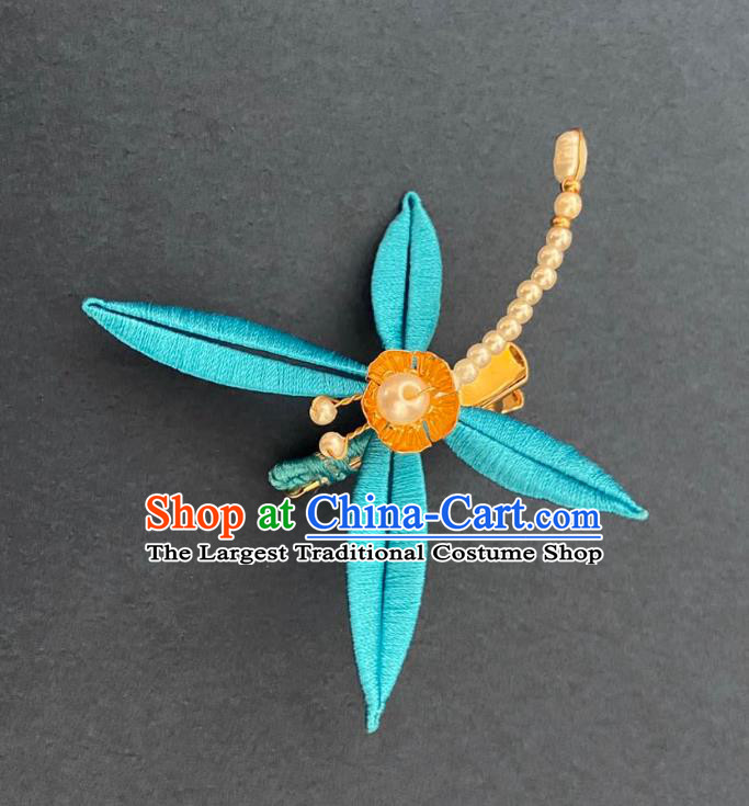 Chinese Ancient Princess Pearls Hairpins Hair Accessories Handmade Song Dynasty Blue Silk Dragonfly Hair Sticks