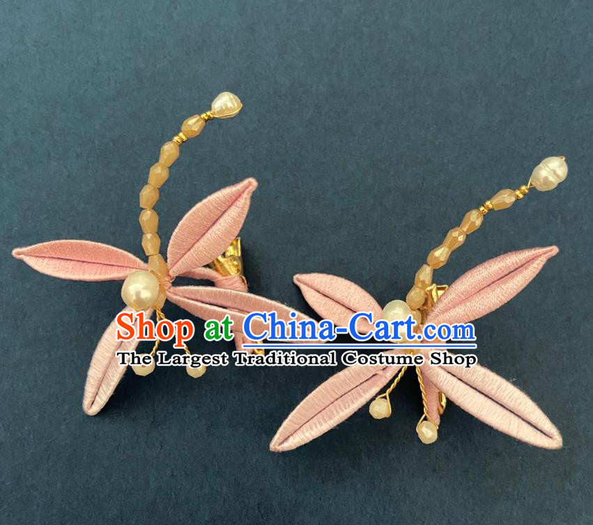 Chinese Ancient Princess Pearls Hairpins Hair Accessories Handmade Song Dynasty Pink Silk Dragonfly Hair Sticks