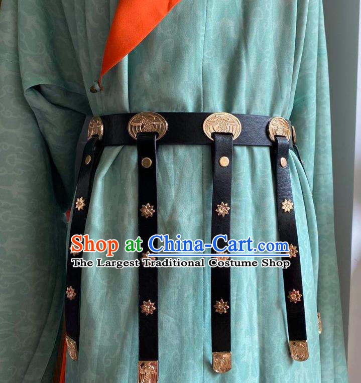 Chinese Classical Ancient Hanfu Black Leather Tassel Belt Ming Dynasty Imperial Guard Waistband Accessories