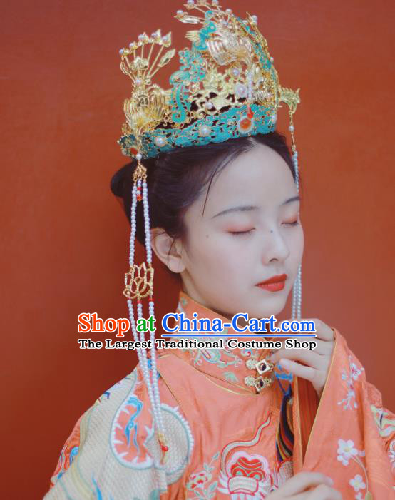 Chinese Ancient Bride Wedding Hairpins Hair Accessories Handmade Ming Dynasty Blueing Phoenix Coronet Full Set