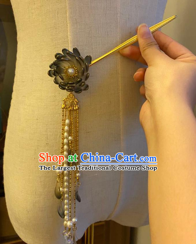 Chinese Ancient Princess Pearls Tassel Hairpin Hanfu Hair Accessories Women Handmade Black Peony Hair Clip