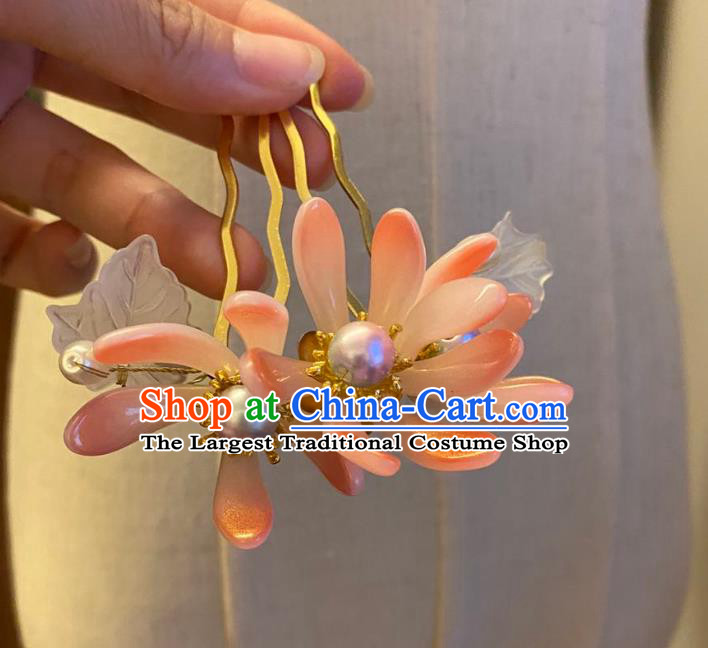 Chinese Ancient Princess Hairpin Hanfu Hair Accessories Women Handmade Pink Chrysanthemum Hair Comb