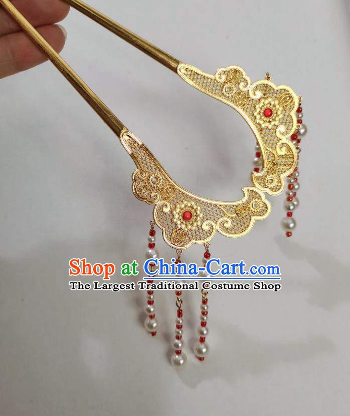 Chinese Ancient Princess Golden Hairpins Hair Accessories Women Handmade Hanfu Tang Dynasty Red Beads Tassel Hair Clip