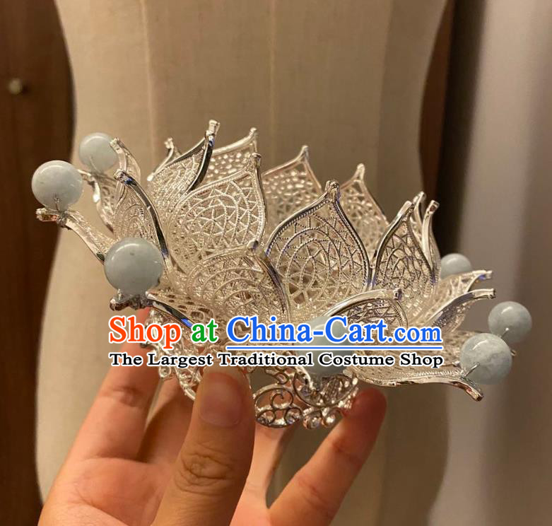 Chinese Ancient Princess Blue Stone Hairpins Hair Accessories Women Handmade Hanfu Tang Dynasty Argent Lotus Hair Crown