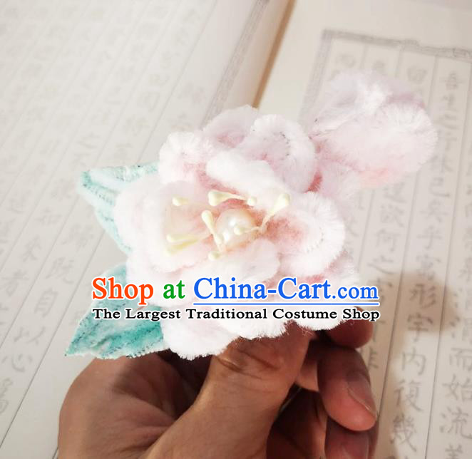 Chinese Ancient Princess Pink Velvet Peach Blossom Hairpins Hair Accessories Handmade Qing Dynasty Court Lady Hair Stick