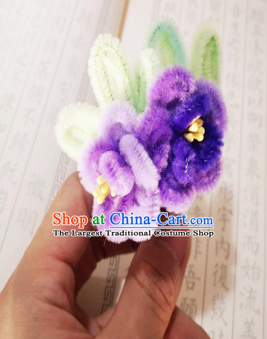 Chinese Ancient Princess Velvet Flowers Hairpins Hair Accessories Handmade Qing Dynasty Palace Lady Purple Plum Hair Stick