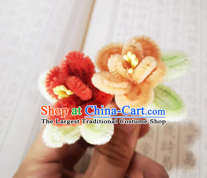 Chinese Ancient Princess Velvet Flowers Hairpins Hair Accessories Handmade Qing Dynasty Palace Lady Orange Plum Hair Stick