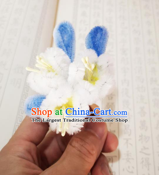 Chinese Ancient Princess Velvet Pear Flowers Hairpins Hair Accessories Handmade Qing Dynasty Palace Lady White Hair Stick