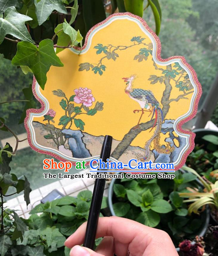 Chinese Classical Yellow Silk Palace Fan Ancient Palace Lady Fans Accessories Song Dynasty Princess Painting Peony Phoenix Fans