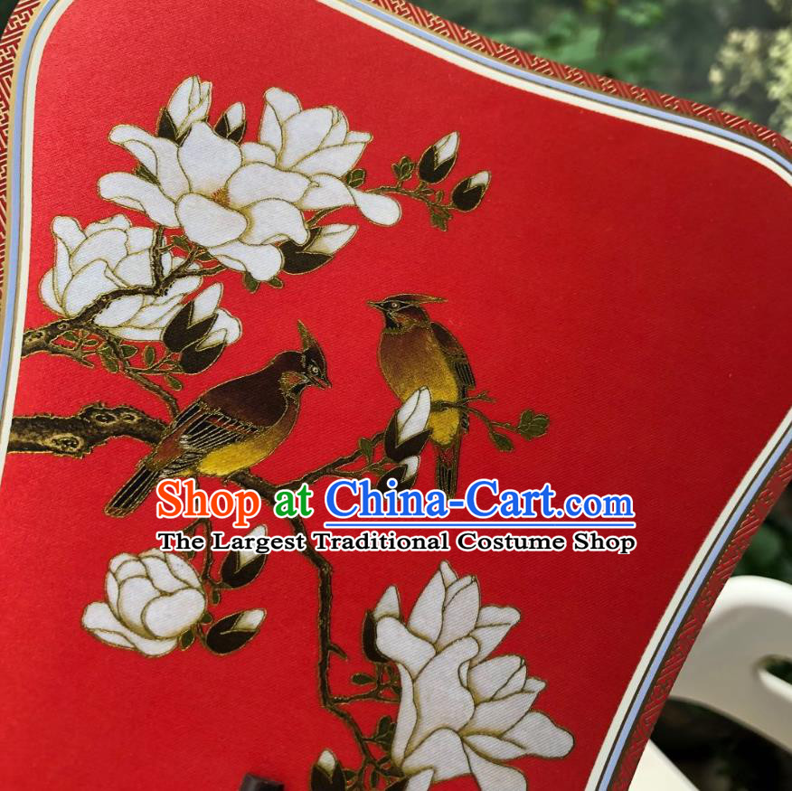 Chinese Classical Red Silk Palace Fan Ancient Palace Lady Fans Accessories Song Dynasty Princess Painting Magnolia Birds Fans
