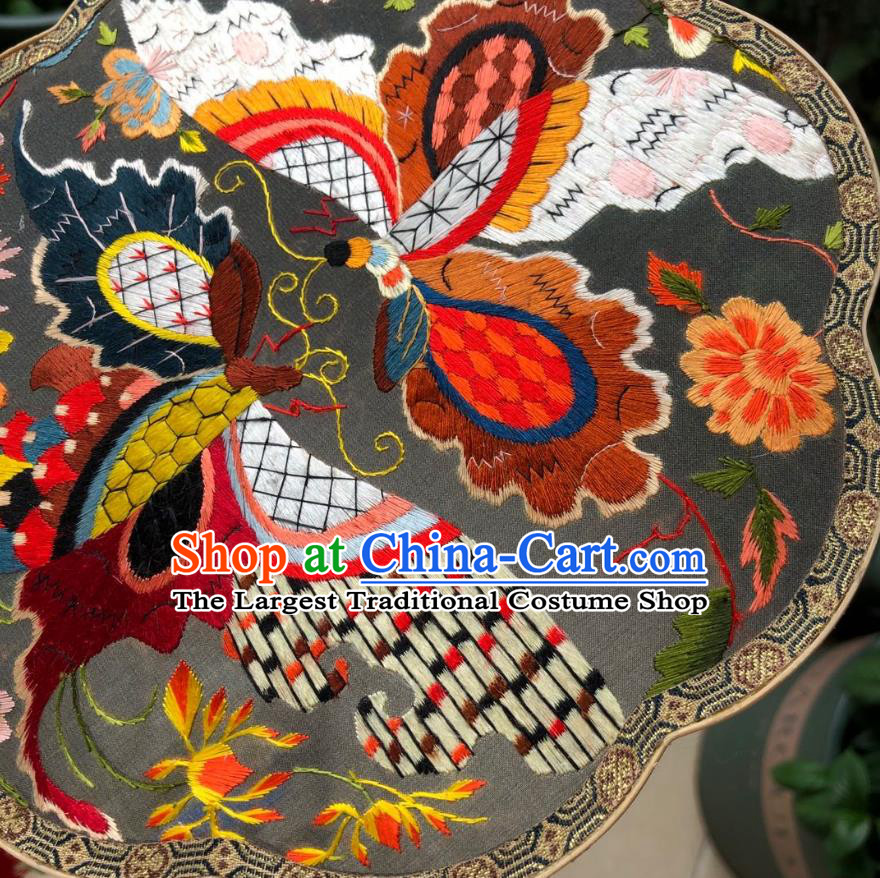 Chinese Classical Grey Silk Palace Fan Ancient Song Dynasty Princess Embroidered Butterfly Fans Accessories