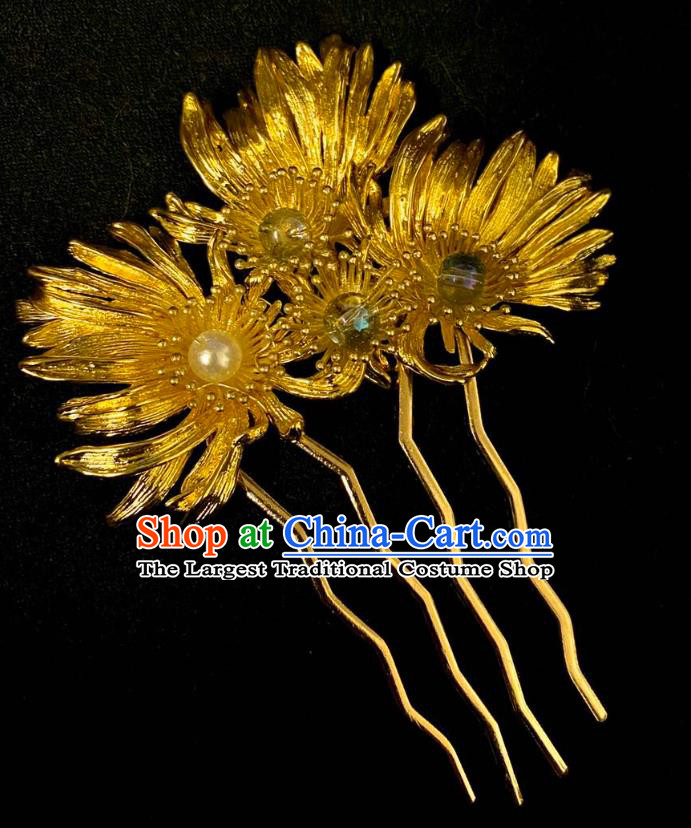 Chinese Ancient Empress Golden Chrysanthemum Hairpins Hair Accessories Handmade Ming Dynasty Court Hair Comb