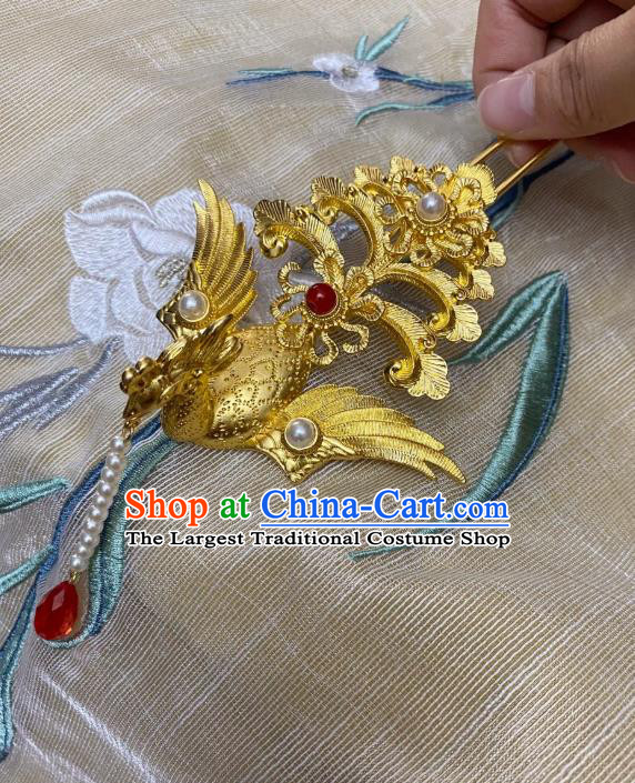 Chinese Ancient Empress Tassel Golden Phoenix Hairpins Hair Accessories Handmade Ming Dynasty Court Wedding Hair Stick