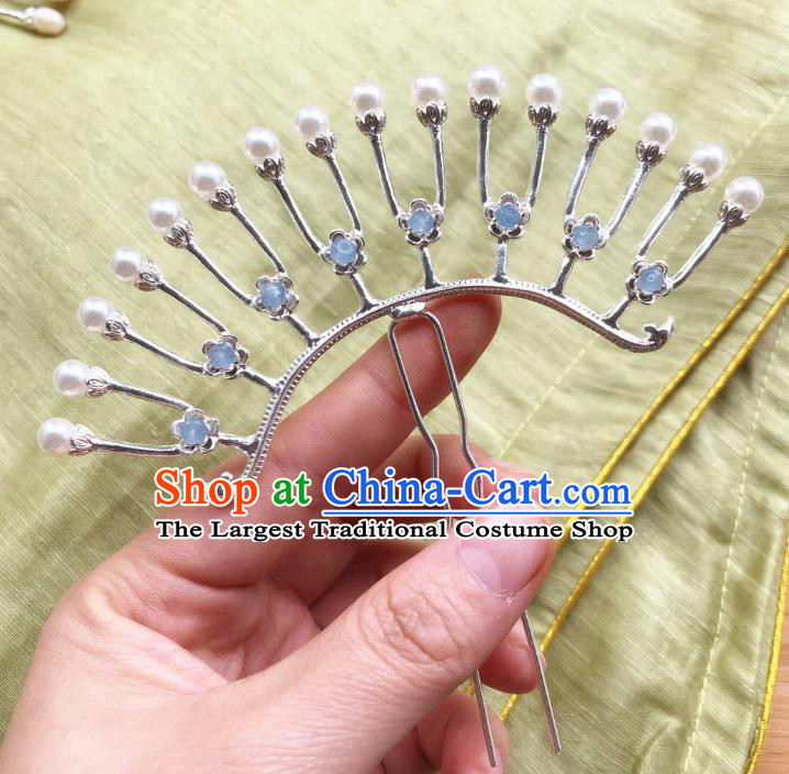 Chinese Ancient Princess Blue Beads Hairpins Hair Accessories Handmade Tang Dynasty Pearls Argent Hair Sticks