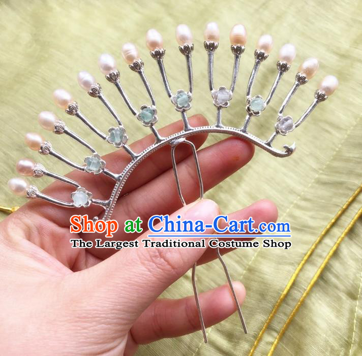 Chinese Ancient Princess Blue Beads Hairpins Hair Accessories Handmade Tang Dynasty Pearls Argent Hair Sticks