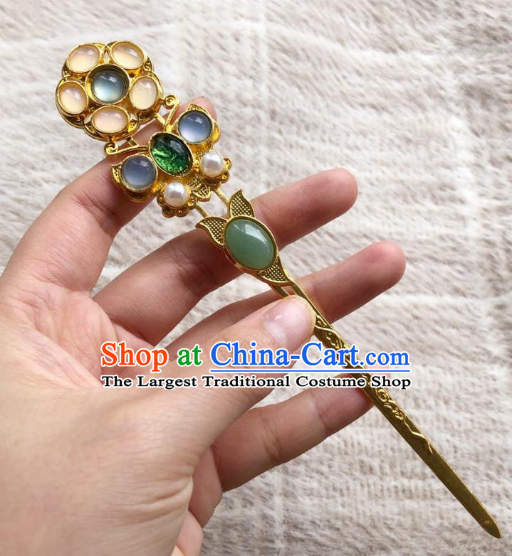 Chinese Ancient Empress Chalcedony Golden Hairpins Hair Accessories Handmade Ming Dynasty Court Aquamarine Hair Stick