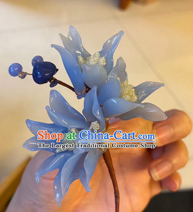 Chinese Ancient Court Lady Blue Flowers Hairpins Hair Accessories Handmade Song Dynasty Plastic Flowers Hair Stick