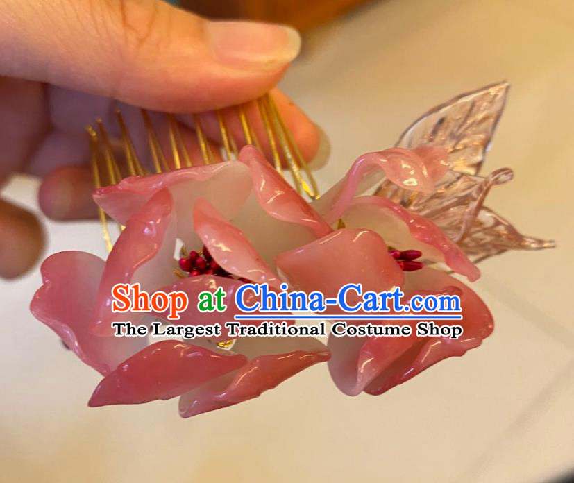 Chinese Ancient Court Lady Pink Hairpins Hair Accessories Handmade Song Dynasty Plastic Flowers Hair Comb