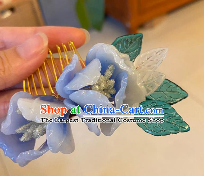 Chinese Ancient Palace Lady Blue Flowers Hairpins Hair Accessories Handmade Plastic Hair Comb