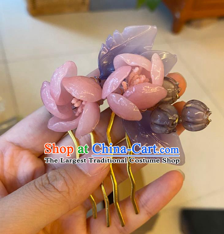 Chinese Ancient Palace Lady Pink Azalea Hairpins Hair Accessories Handmade Plastic Flowers Hair Comb