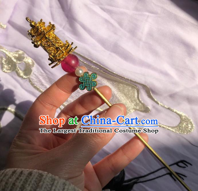 Chinese Ancient Empress Golden Hairpins Hair Accessories Handmade Ming Dynasty Court Blueing Hair Stick