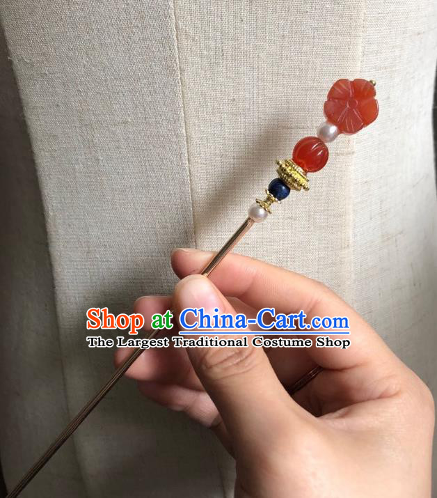 Chinese Ancient Empress Agate Plum Hairpins Hair Accessories Handmade Ming Dynasty Court Golden Hair Stick