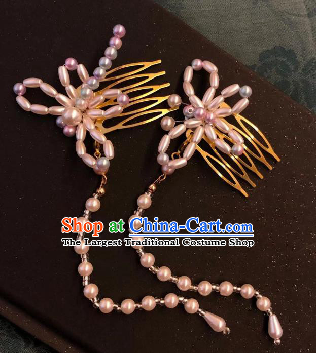 Chinese Ancient Palace Princess Hairpins Hair Accessories Handmade Ming Dynasty Court Pink Pearls Butterfly Tassel Hair Comb