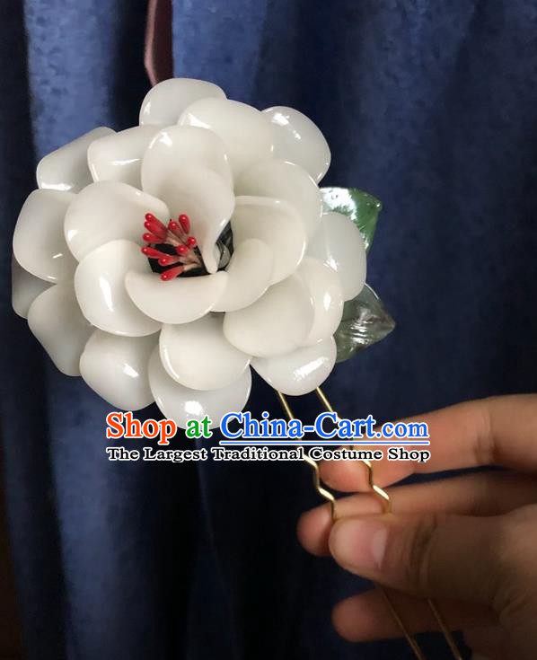 Chinese Ancient Palace Lady White Blossom Hairpins Hair Accessories Handmade Plastic Camellia Flower Hair Stick