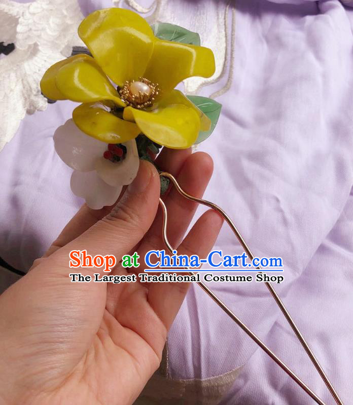 Chinese Ancient Palace Lady Pearl Blossom Hairpins Hair Accessories Handmade Plastic Camellia Yellow Flower Hair Stick