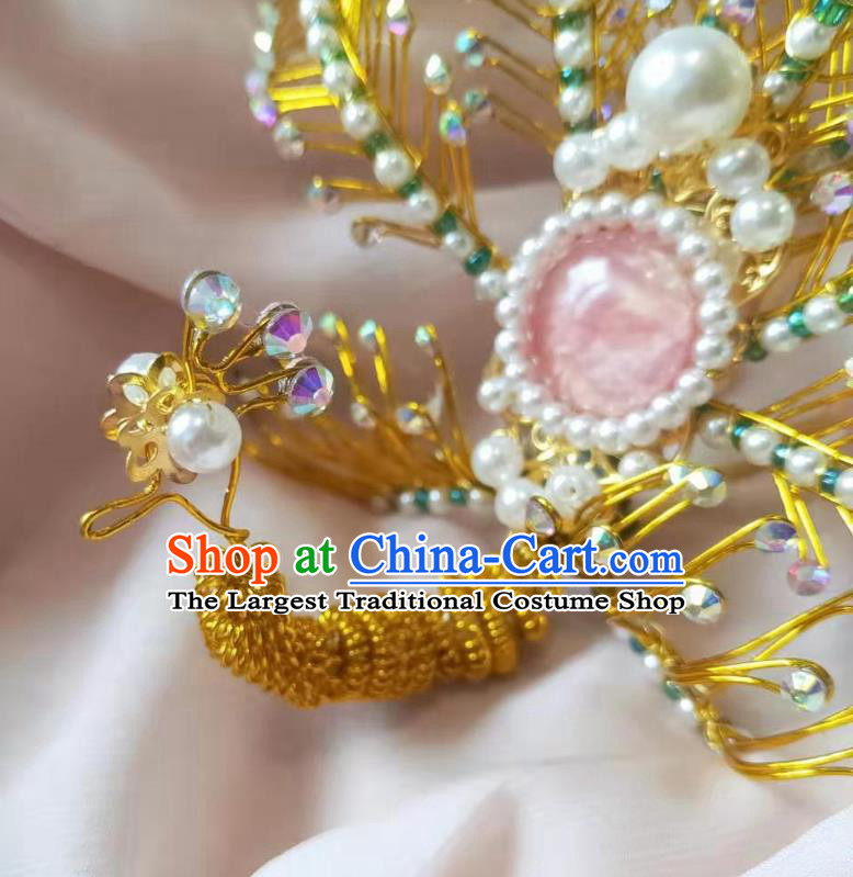 Chinese Ancient Imperial Concubine Golden Hairpins Hair Accessories Handmade Ming Dynasty Court Pink Crystal Phoenix Hair Crown