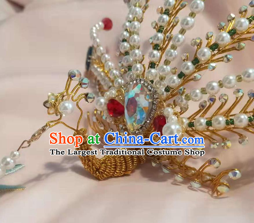 Chinese Ancient Imperial Empress Blue Crystal Hairpins Hair Accessories Handmade Ming Dynasty Court Beads Golden Phoenix Hair Crown