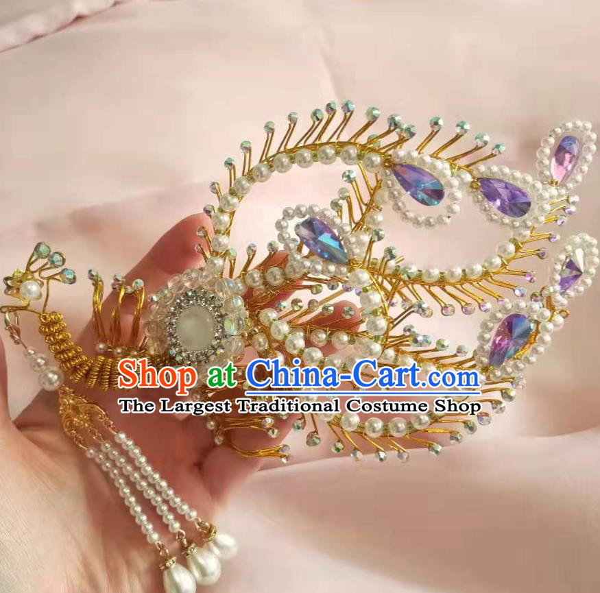 Chinese Ancient Imperial Empress Tassel Step Shake Hairpins Hair Accessories Handmade Ming Dynasty Court Golden Phoenix Hair Crown