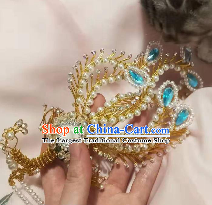 Chinese Ancient Imperial Empress Blue Crystal Phoenix Tassel Step Shake Hairpins Hair Accessories Handmade Ming Dynasty Court Golden Hair Crown