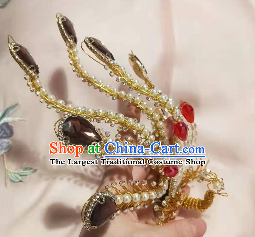 Chinese Ancient Imperial Concubine Beads Golden Hairpins Hair Accessories Handmade Ming Dynasty Court Purple Crystal Phoenix Hair Crown
