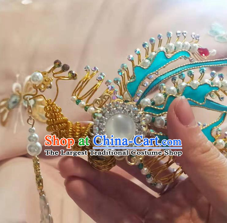 Chinese Ancient Imperial Empress Crystal Phoenix Hairpins Hair Accessories Handmade Ming Dynasty Court Golden Pearls Tassel Hair Crown