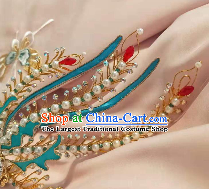 Chinese Ancient Imperial Empress Crystal Phoenix Hairpins Hair Accessories Handmade Ming Dynasty Court Golden Pearls Tassel Hair Crown