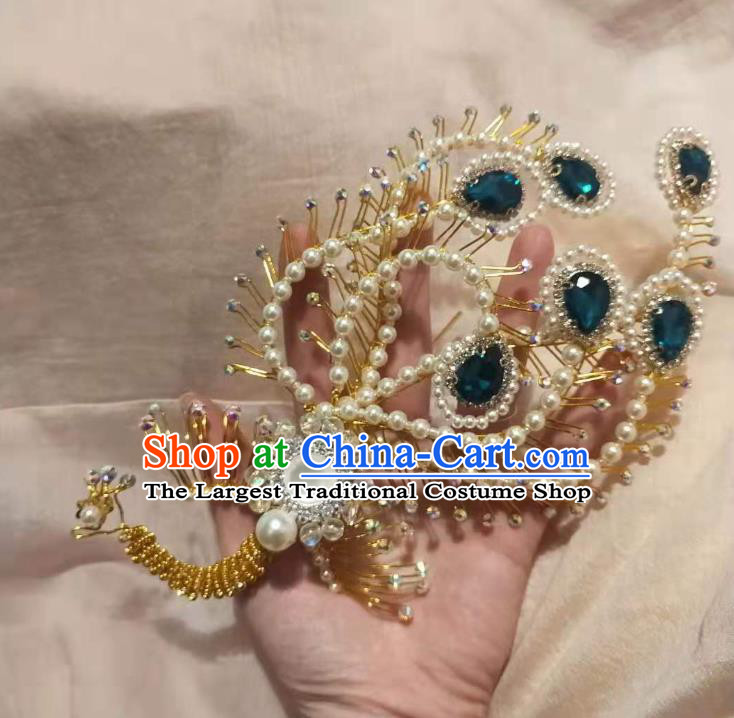 Chinese Ancient Imperial Empress Deep Blue Crystal Phoenix Hairpins Hair Accessories Handmade Ming Dynasty Court Golden Beads Hair Crown