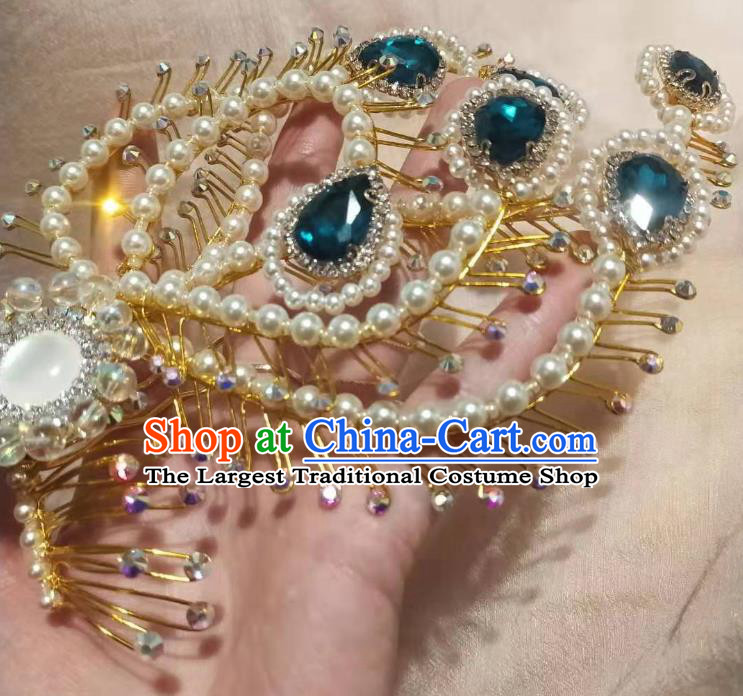 Chinese Ancient Imperial Empress Deep Blue Crystal Phoenix Hairpins Hair Accessories Handmade Ming Dynasty Court Golden Beads Hair Crown