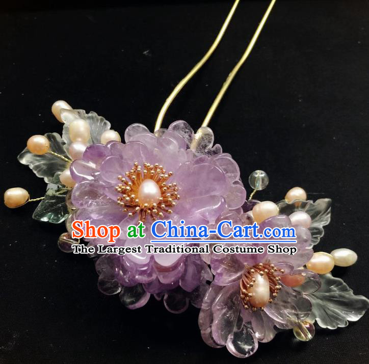 Chinese Ancient Princess Pearls Hairpins Hair Accessories Handmade Ming Dynasty Lilac Flowers Hair Stick