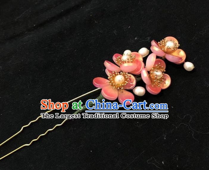 Chinese Ancient Princess Pink Plum Flowers Hairpins Hair Accessories Handmade Ming Dynasty Pearls Blossom Hair Stick