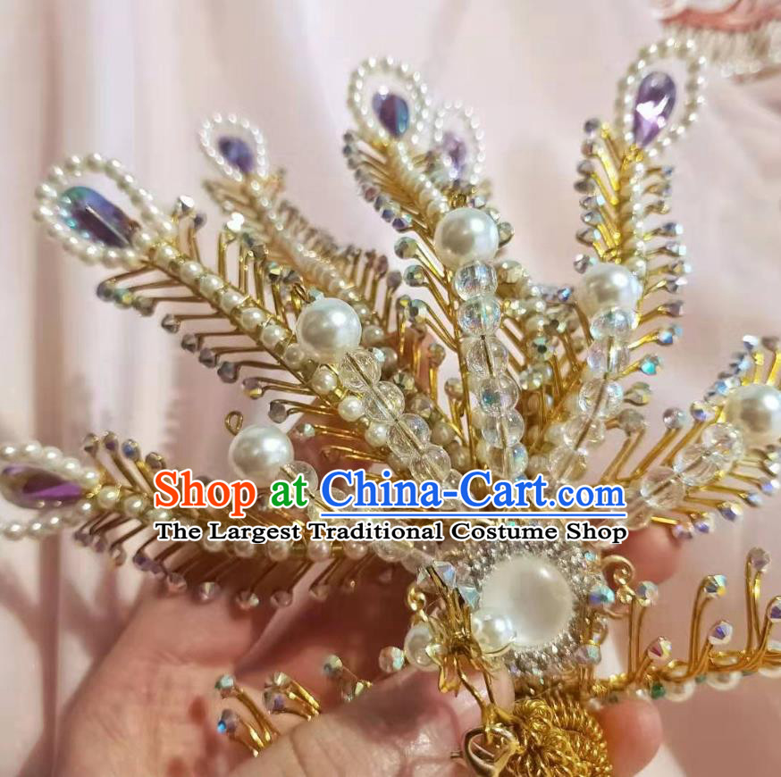 Chinese Ancient Imperial Concubine Beads Tassel Hairpins Hair Accessories Handmade Ming Dynasty Court Purple Golden Phoenix Hair Crown