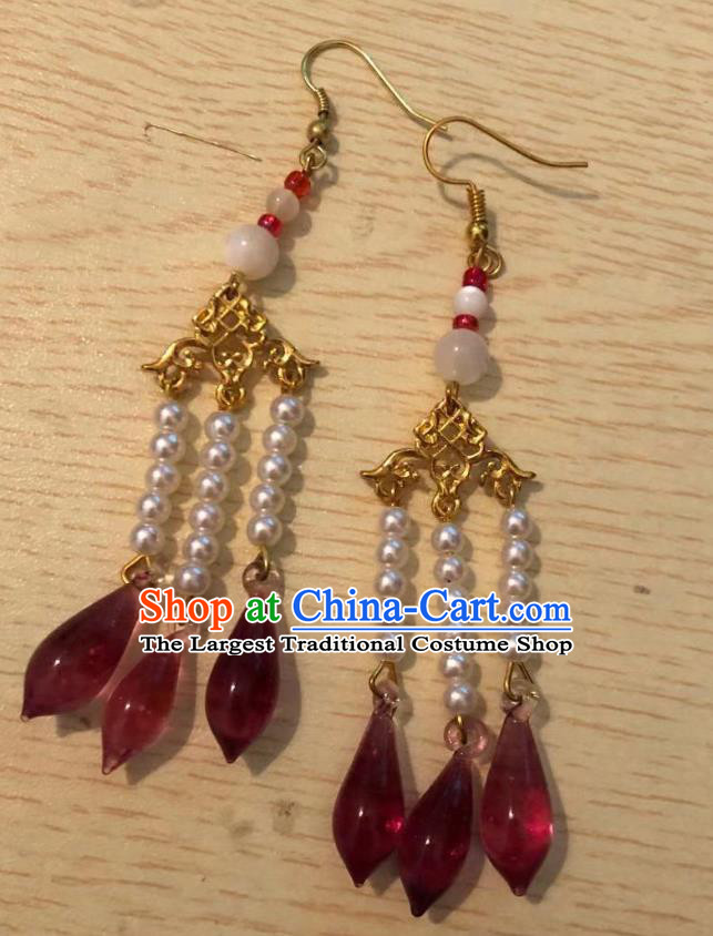 Handmade Chinese Classical Court Eardrop Cheongsam Ear Accessories Ancient Ming Dynasty Hanfu Red Tassel Earrings